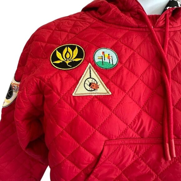 DESIGUAL Red Quilted Padded Hoodie With Patches Cropped Sz M NWT Puffer Pullover - Picture 6 of 12